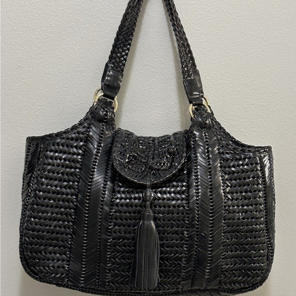 authentic ANYA HINDMARCH black woven leather large handbag Stunning! - Picture 3 of 7